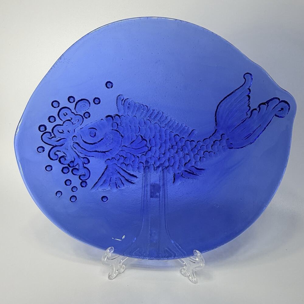 Handmade Art Glass Cobalt Blue Fish Plate Chet Cole 9" Appetizer Dessert Cheese